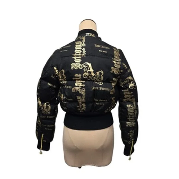 Apple Bottoms Jacket Womens Small Black Gold Puffer Bomber Logo Zip Down Feather - Picture 2 of 11